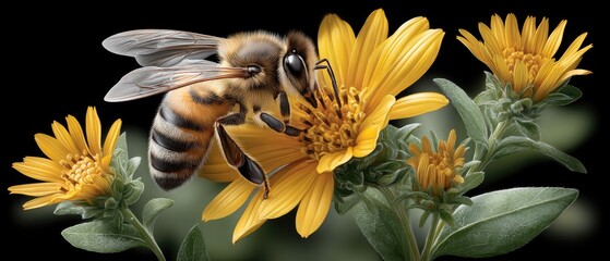 Bee rests on bright yellow flowers while surrounded by lush green foliage, showcasing the beauty and detail of nature's vibrant colors