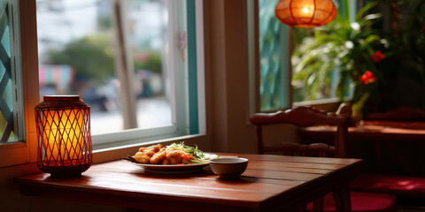 Cozy small restaurant table with warm lantern light and plate of fried food near window creating inviting atmosphere