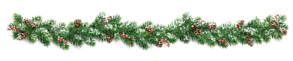 Horizontal Christmas garland with snowy fir branches, pine cones, and holly berries. Festive design for winter banners, cards, invitations, and seasonal posters. Transparent background in vector file.