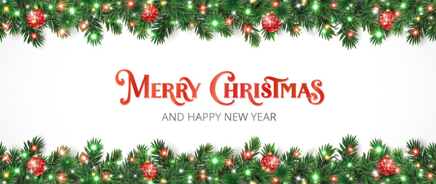 Christmas holiday background. Christmas tree frame. Red ornaments and colorful Christmas lights. Glitter decoration. Merry Christmas lettering. For winter holiday headers, banners, party posters.