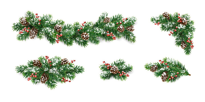 Horizontal Christmas garland with snowy fir branches, pine cones, and holly berries. Festive design for winter banners, cards, invitations, and seasonal posters. Transparent background in vector file.