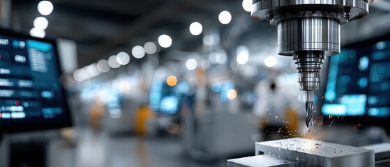 An industrial drill cuts through steel, sparks flying against the workshop backdrop as precision machinery works