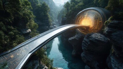 Gleaming Cybernetic Pathway to a Sun-like Portal in a Verdant River Gorge