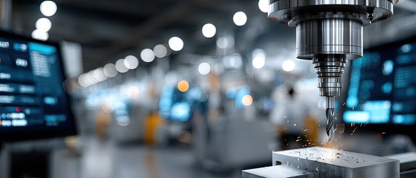 An industrial drill cuts through steel, sparks flying against the workshop backdrop as precision machinery works