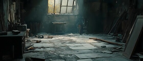 Abandoned Marble Workshop with Cracked Floors and Rusted Tools