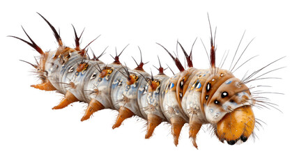 A vibrant and detailed image of a unique caterpillar with striking colors and spiky texture, set against a white isolated background.