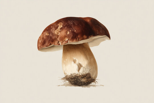 Vintage Botanical Watercolor of Boletus edulis Mushroom with Rich Brown Cap and Cream Stem