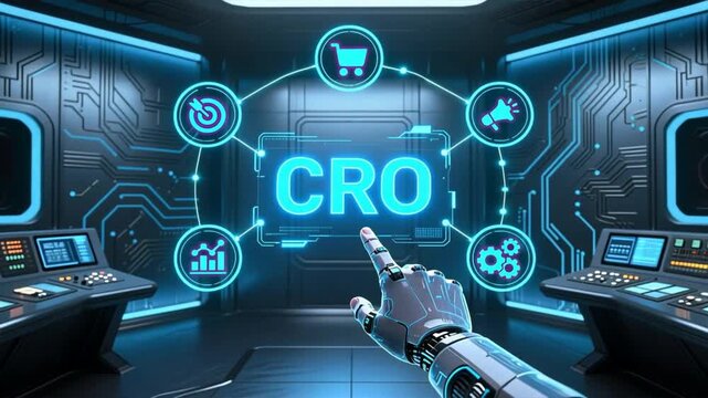 A roborting hand reaching toward glowing cro icons in dark office, conversion rate optimization technology, cro, lead generation