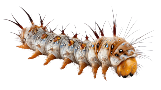 A vibrant and detailed image of a unique caterpillar with striking colors and spiky texture, set against a white isolated background.