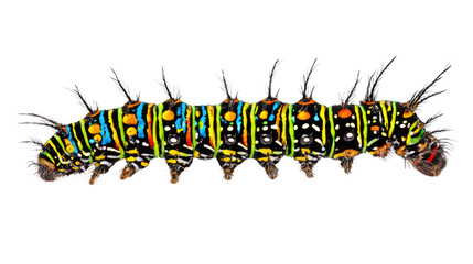 A vibrant caterpillar showcasing bright colors and distinctive patterns against a white isolated background.