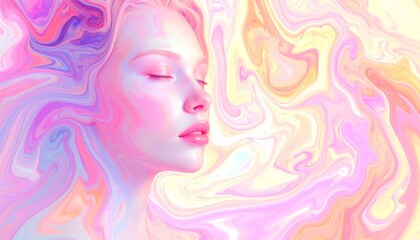 Woman's face, eyes closed, immersed in swirling, iridescent pastel colors. Ethereal and dreamy