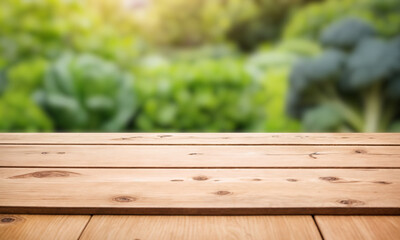 Fototapeta premium Vegetable garden with fresh green plants and empty wooden table in front, organic farming background for food, eco, and product design.