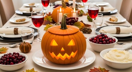 Halloween crashes the feast in this surreal holiday photo where a glowing jack-o'-lantern replaces the turkey on a Thanksgiving dinner table