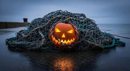 A terrifying catch of the day, this jack-o'-lantern is hopelessly entangled in a massive fisherman's net on a wet pier