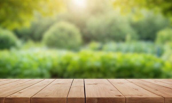 Vegetable garden with fresh green plants and empty wooden table in front, organic farming background for food, eco, and product design.