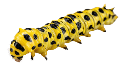 A vibrant yellow caterpillar with black spots, isolated on a white background, showcasing its unique and striking pattern, perfect for educational and nature-related projects.