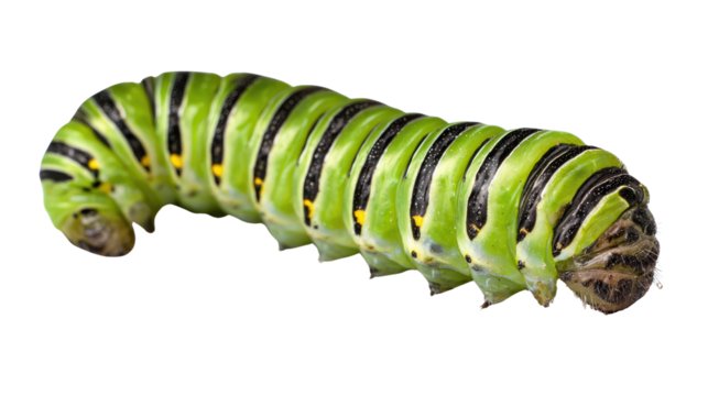 A vibrant green caterpillar with distinctive black stripes, showcasing its intricate body structure