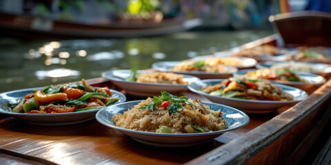 Obraz premium Fried rice and stir fried vegetable dishes served plates wooden boat floating market with natural light and vibrant colors