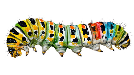 Colorful caterpillar with vibrant patterns, showcasing nature's artistry. A close-up view highlighting its unique design and texture, perfect for educational or artistic purposes.