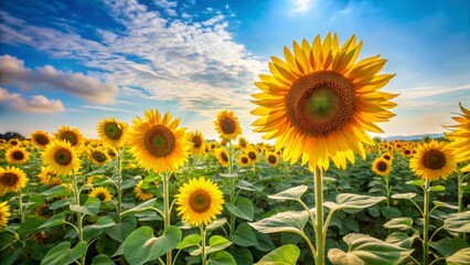 Obraz premium A sunflower field with tall yellow blooms and green leaves stretching towards the sky on a sunny day in late summer, agriculture, landscape