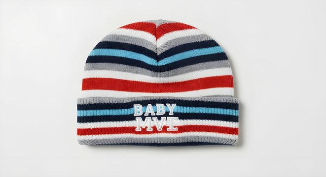 Striped knit baby hat with text "BABY MWE" on white background