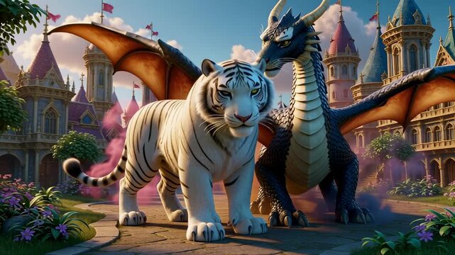 A white tiger with wings and a blue dragon in front of a castle with a cloudy sky background