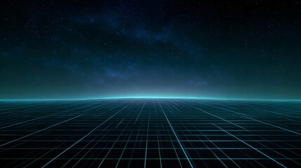 Neon grid landscape under starry night sky with glowing horizon abstract background