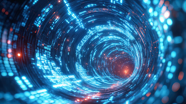 Anniversary concept for the LHC at CERN, depicted by luminous data particles and energy flows racing through the accelerator in a scifi style.
