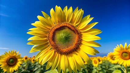 Yellow sunflower close up with clear blue sky summer view