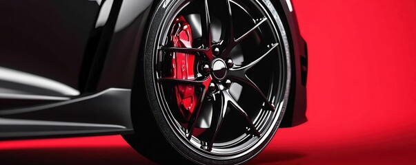 Close-up of a sports car wheel with sleek black rims and red calipers- showcasing luxury and performance automotive design.