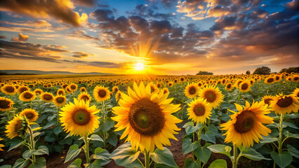 Fototapeta premium Yellow sunflower field at sunset summer dreamscape