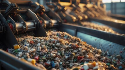 Golden Light on a Conveyor Belt of Shredded Plastic Waste in a Recycling Facility