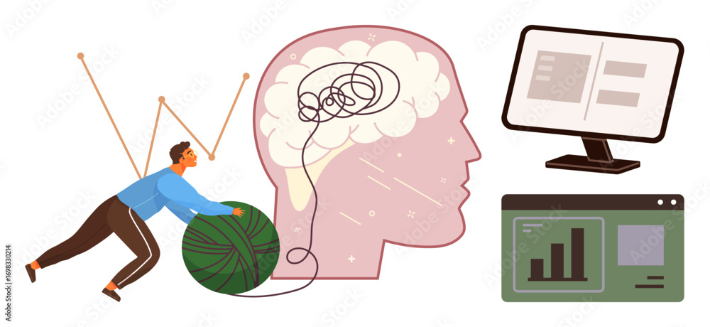 Poster man pushing thread ball untangling brain, representing problem-solving, beside analytics devices. id