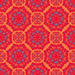 abstract seamless pattern,blue, red curves and painting to flower shape,leaves with orange background in geometric patterns as sarong,fabric,tile,printed fabric,batik,tablecloth patterns.