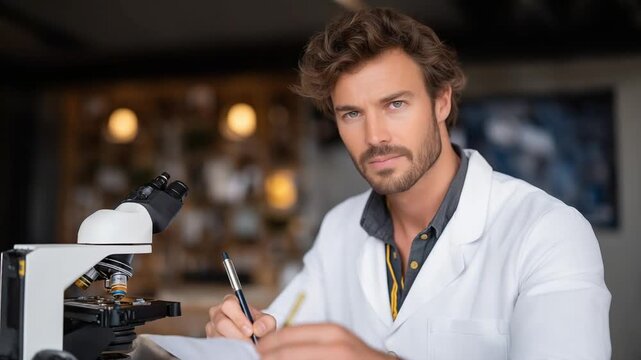 High-quality 8K photo of a scientist examining lunar soil samples in a lab adorned with moon mission posters.