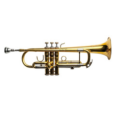 Obraz premium Golden trumpet resting on a stand, showcasing its polished design and intricate valves in a bright setting