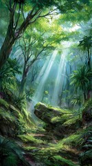 Sunlight streams through lush rainforest
