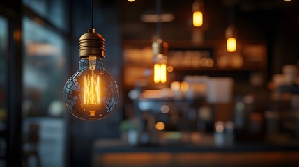A vintage light bulb with a glowing filament hangs in a cozy cafe, providing soft illumination and casting a warm ambiance on the blurred background behind it.