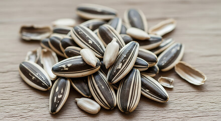 Pile of roasted sunflower seeds on a wooden surface, closeup