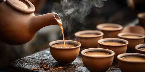 Hot traditional masala chai tea being poured from a clay pot into clay cups- steaming in a rustic setting. The rich aroma of the spices fills the air- creating a warm and comforting ambiance.