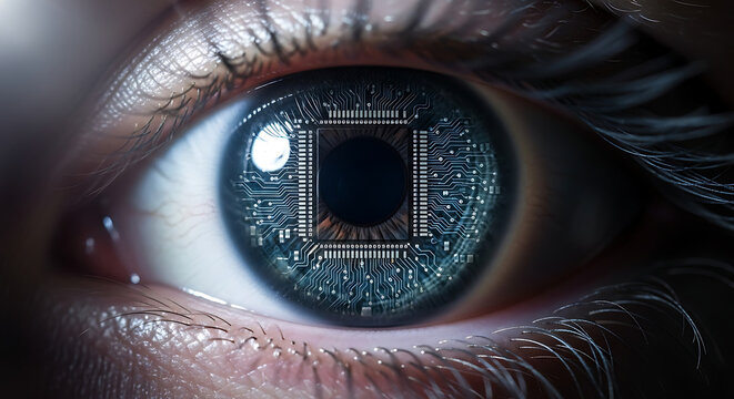 Detailed human eye with intricate glowing circuit board pattern integrated into the iris symbolizing futuristic vision.