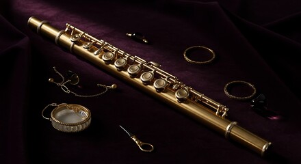 Naklejka premium Golden Flute and Jewelry on Velvet: Musical Artistry
