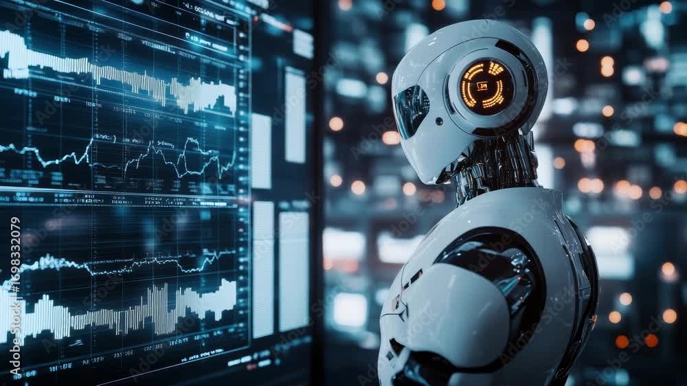 Poster futuristic robot analyzing data on screens in a tech hub. side angle captures the digital ambiance, 