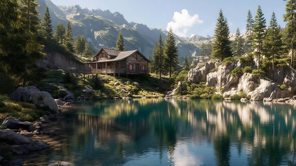 Fototapeta premium Tranquil Lakeside Cabin: An idyllic scene unfolds with a wooden cabin nestled beside a serene lake, the majestic mountains rising in the distance create picturesque nature. 