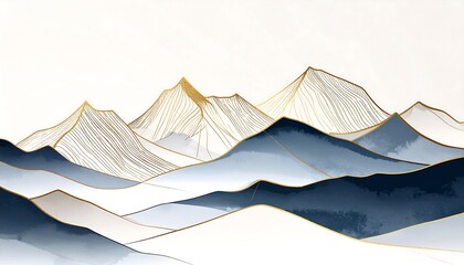 Abstract mountain range landscape with gold lines and blue washes
