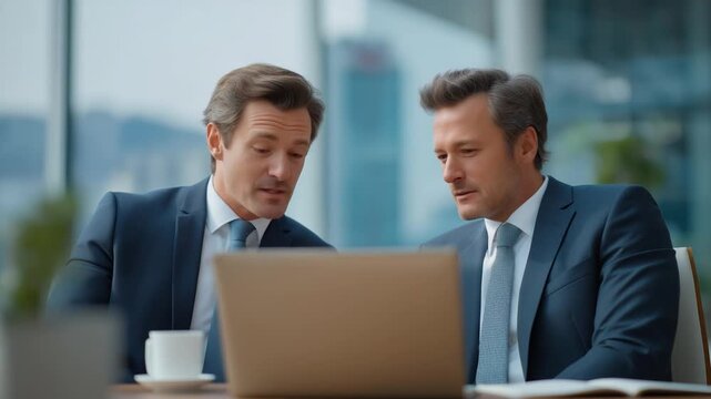 High-quality, ultra-detailed photo of two suited colleagues in a heated office argument over a laptop, with a coffee mug, notepad, and a tense boardroom city view.