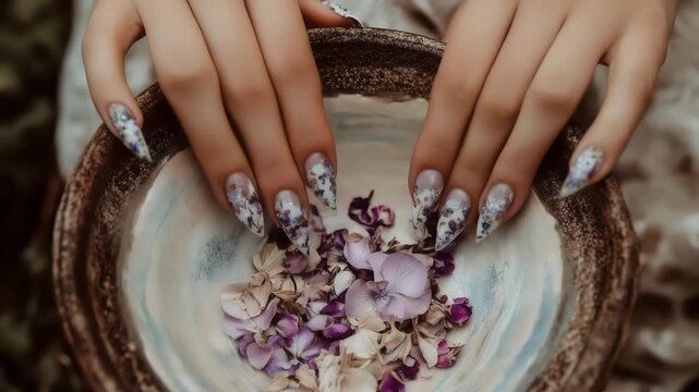 Overhead shot of a woman's hands with patterned nails holding a ceramic bowl filled with dried purple and white rose petals against a blurred natural background.