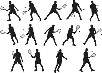 Set of male tennis player silhouettes, tennis racket action poses, sports vector illustration, athlete playing tennis, tennis game clipart collection