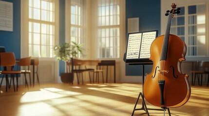 A cello is placed on a stand in a well-lit music classroom- with sheet music displayed in front of it. The peaceful scene reflects preparation for a classical music performance