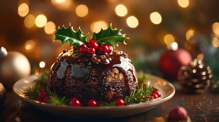 A delicious Christmas pudding, adorned with holly and cranberries, is presented on a plate with festive ornaments and sparkling bokeh lights in the background.